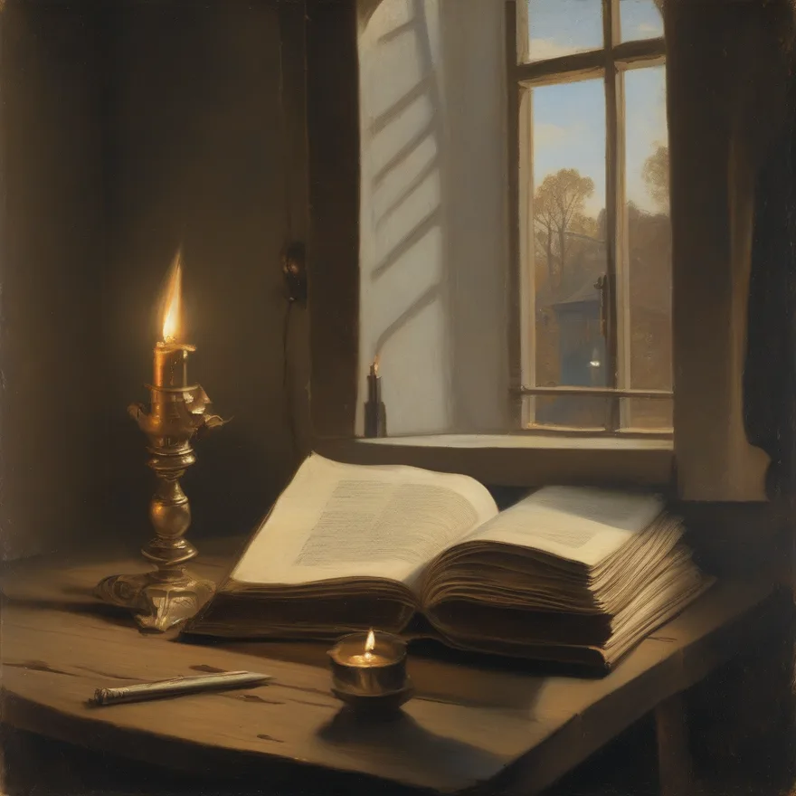 An open book on a desk by a window, lit by a candle, in oils
