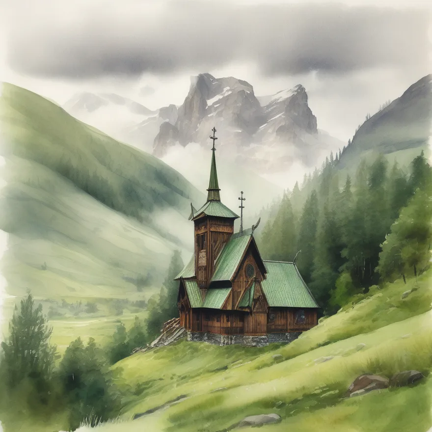 A wooden stave church in a green valley, in watercolour