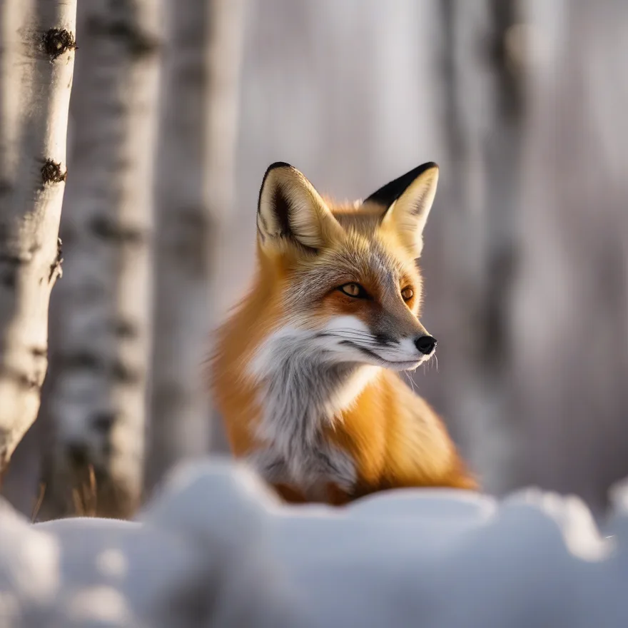 A red fox in fresh snow among birch trees