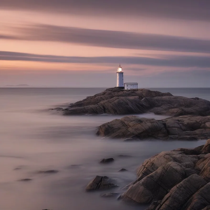 A lighthouse on a rocky coast at dusk