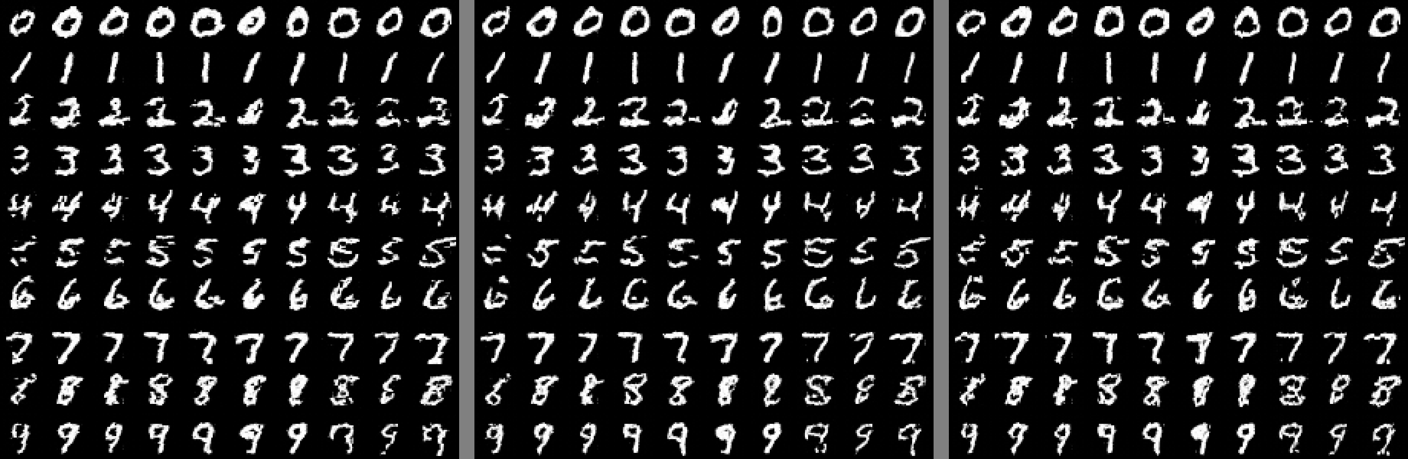 Three grids, one per seed, nearly the same digit in each cell