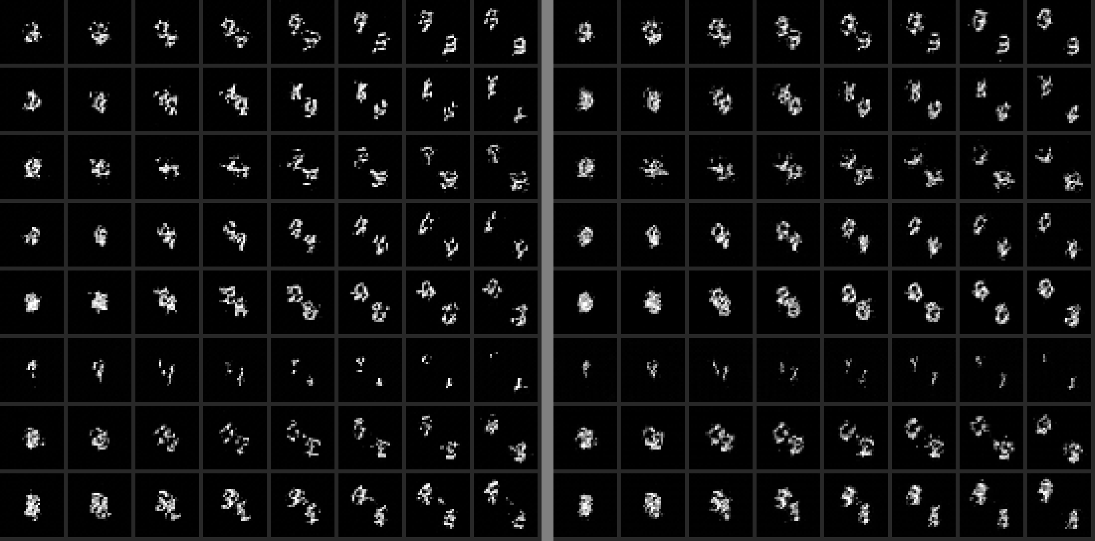 The same eight clips from factorised (left) and full attention (right)