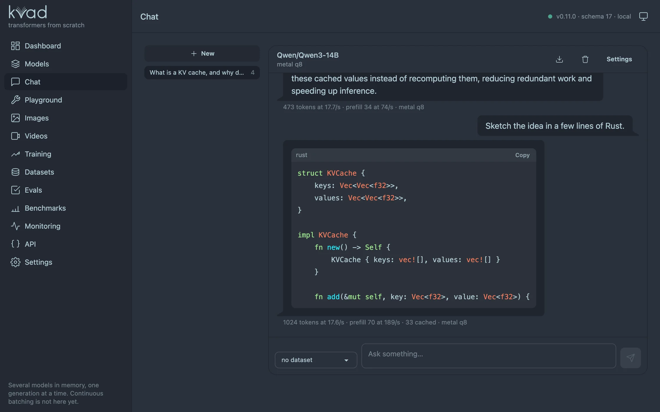 The chat page of Kvad's web UI: Qwen3-14B answering a question, with the decode rate and cached tokens under each reply