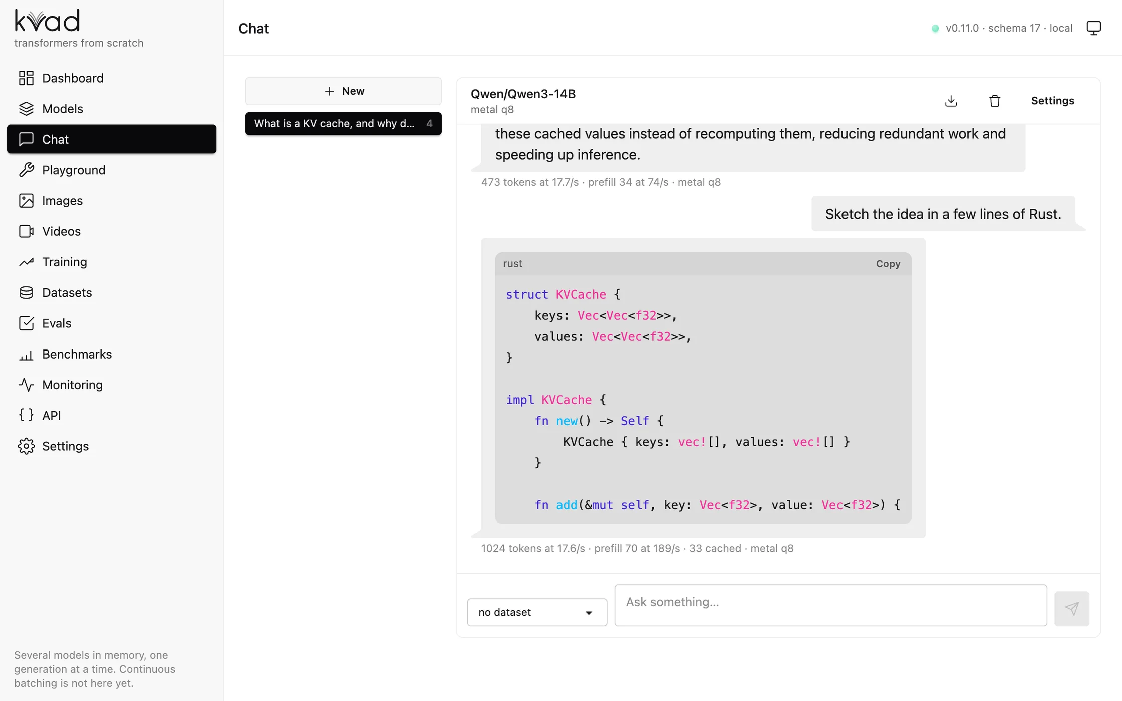 The chat page of Kvad's web UI: Qwen3-14B answering a question, with the decode rate and cached tokens under each reply