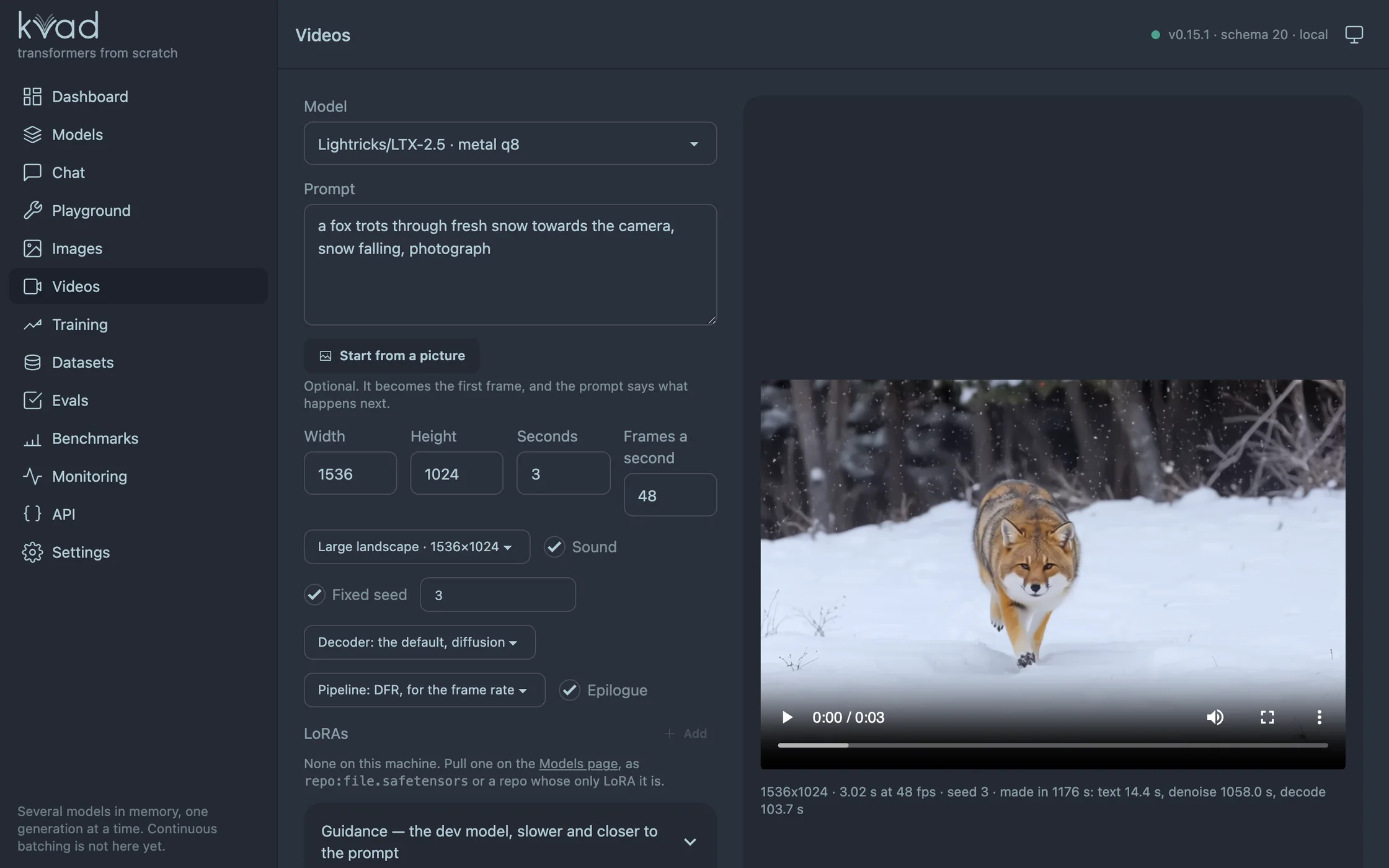 The videos page: the form set to 1536×1024, 3 seconds at 48 frames a second with DFR's epilogue, beside the clip of a fox in snow that those settings made
