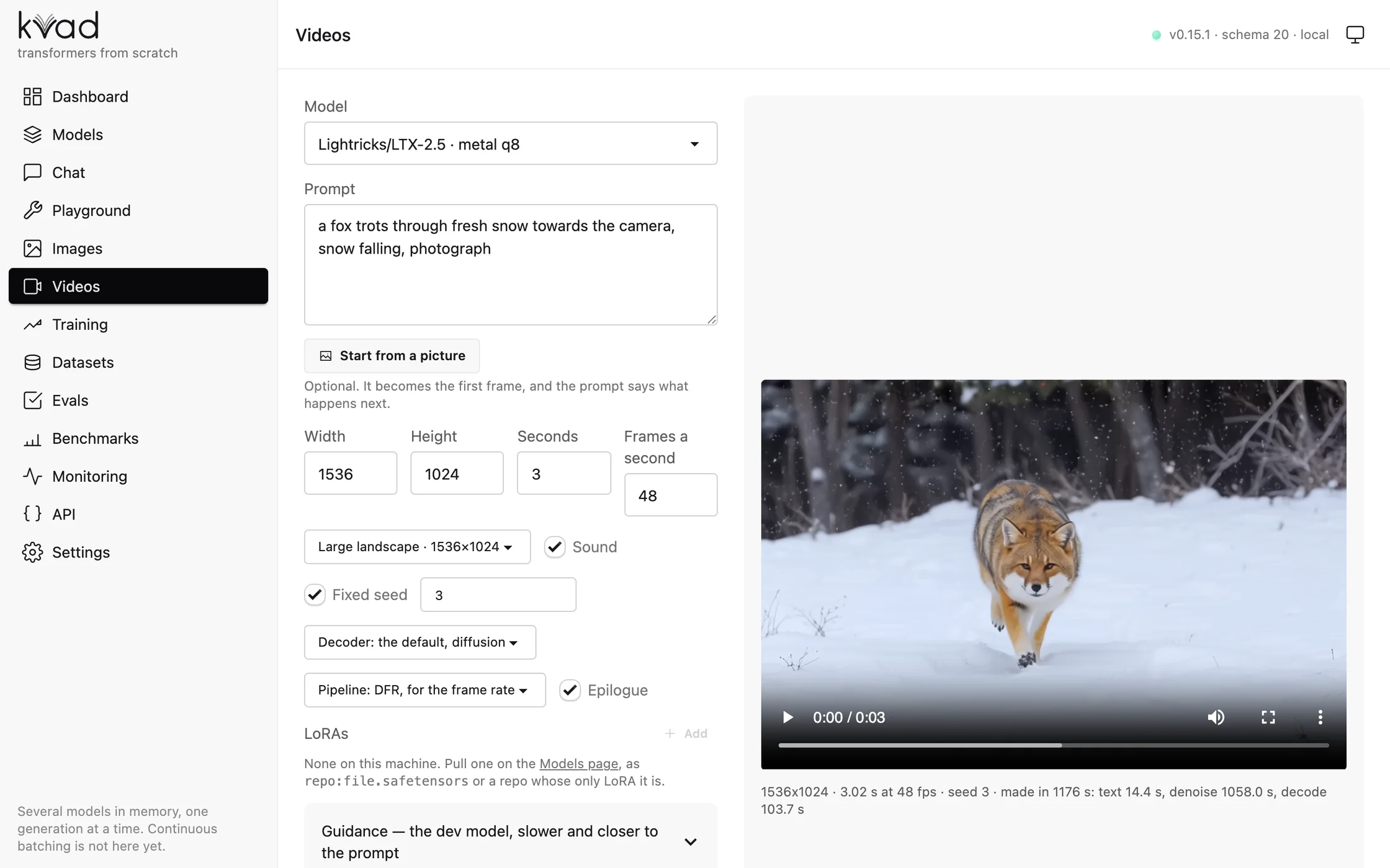 The videos page: the form set to 1536×1024, 3 seconds at 48 frames a second with DFR's epilogue, beside the clip of a fox in snow that those settings made